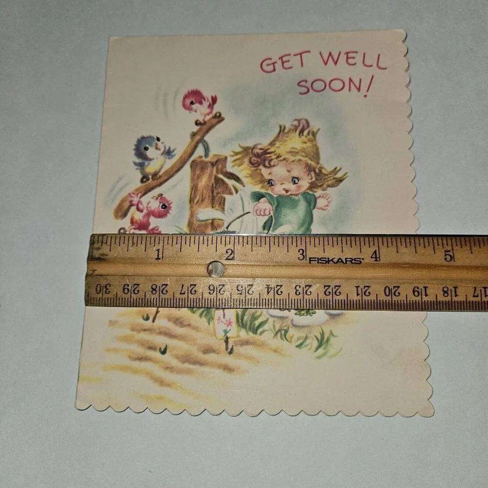 VTG Get Well Soon Greeting Card Boy Bird Water Scalloped Harry Doehla NEVER USED